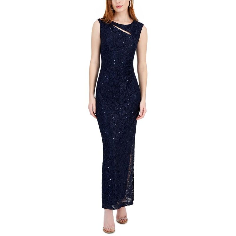 Connected Apparel Womens Lace Cutout Gown Dress, Blue, 6, DM